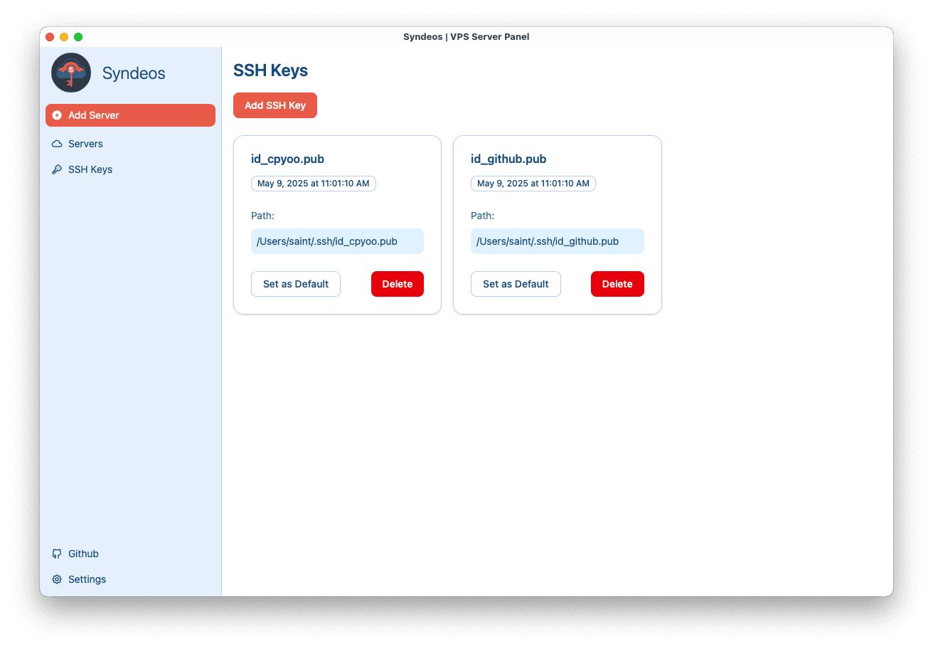 Syndeos Application SSH Keys Dashboard